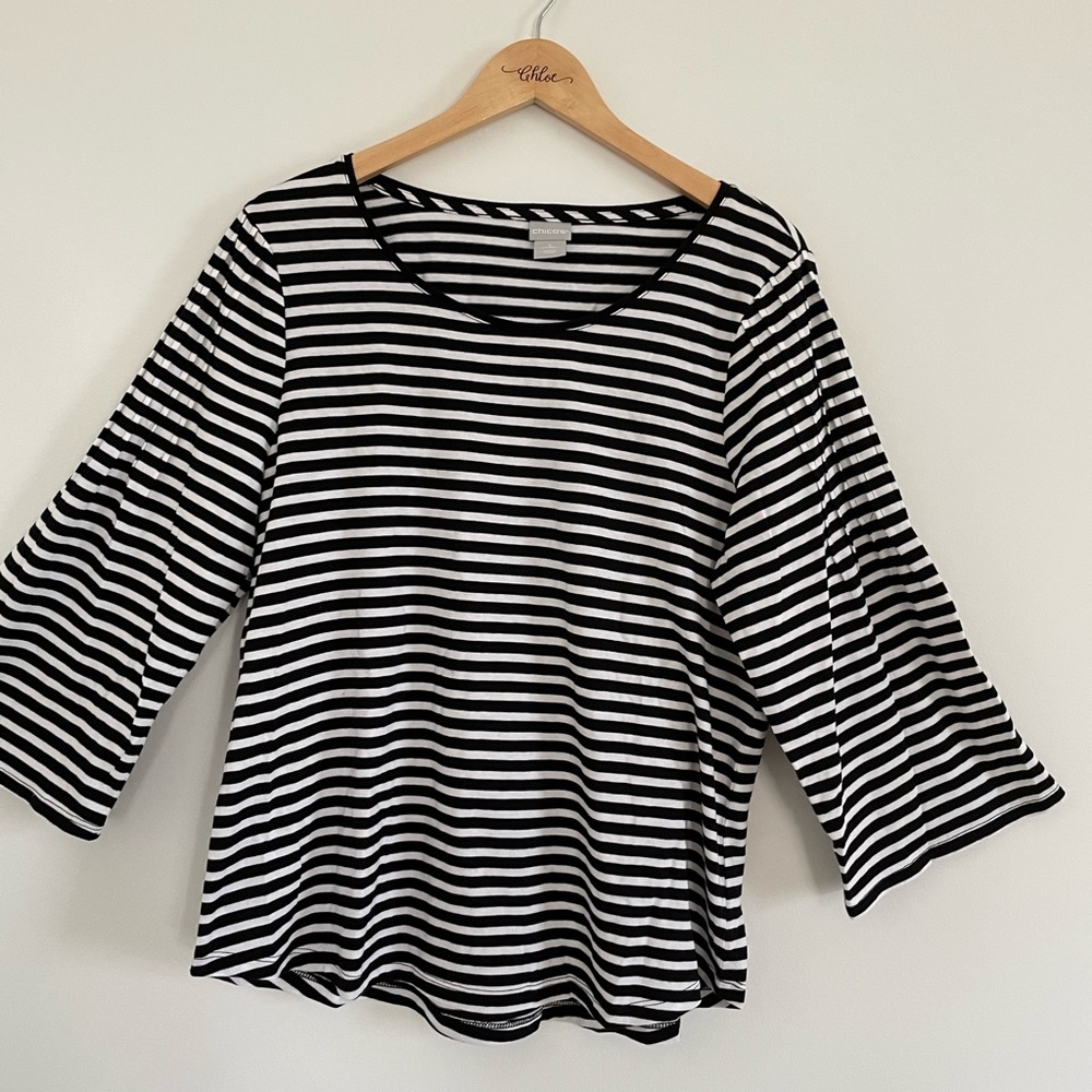 🐝 4/$20 Chico's Size 2 L Neutral Classic black white stripes shirt wide sleeves